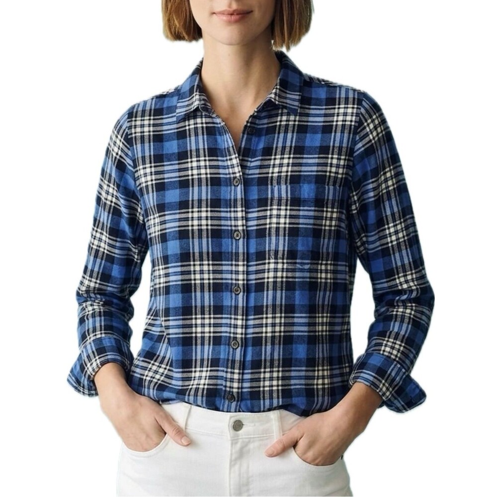 J. Crew Womens Plaid Long Sleeve Button Down Shirt Boy Fit Size 8 Blue Stretch